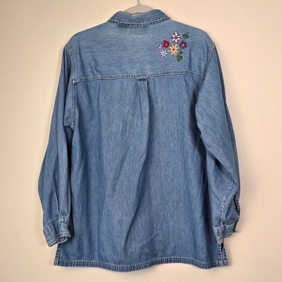 Silver Threads Embroidered Denim Shirt Women Size Large Floral Flowers Jean Art - Picture 6 of 9